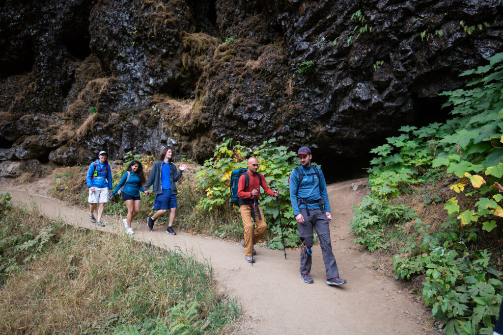Five people hiking in a single file line.